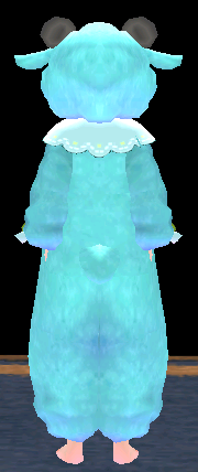 Equipped Female Rainbow Sheep Jumpsuit (Blue) viewed from the back with the hood up