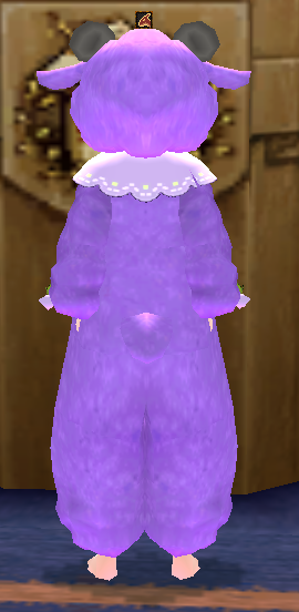 Equipped Female Rainbow Sheep Jumpsuit (Purple) viewed from the back with the hood up