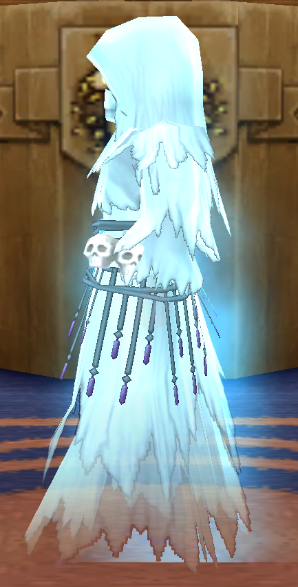 Equipped Male Ghostly Robe viewed from the side with the hood up