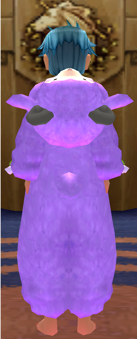 Equipped Male Rainbow Sheep Jumpsuit (Purple) viewed from the back with the hood down