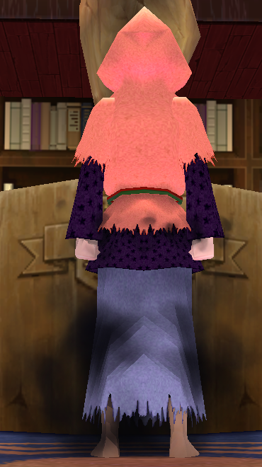 Equipped GiantFemale Fomor Research Robe viewed from the back with the hood up