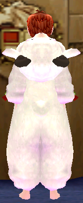 Equipped Female Rainbow Sheep Jumpsuit (White) viewed from the back with the hood down