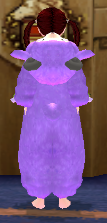 Equipped Female Rainbow Sheep Jumpsuit (Purple) viewed from the back with the hood down
