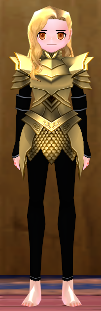 Equipped Female Dustin Silver Knight Armor (Gold) viewed from the front