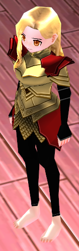 Equipped Female Dustin Silver Knight Armor (Red and Gold) viewed from an angle