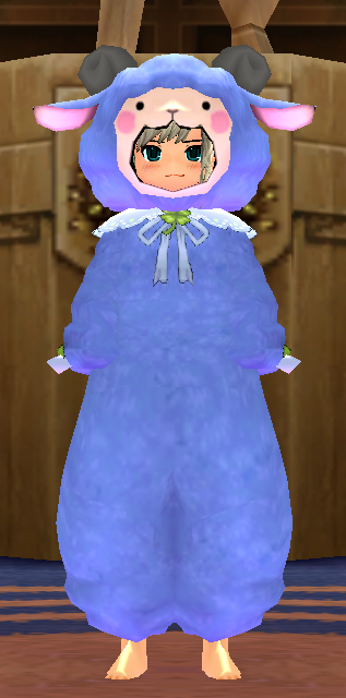 Equipped Female Rainbow Sheep Jumpsuit (Indigo) viewed from the front with the hood up
