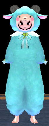 Equipped Female Rainbow Sheep Jumpsuit (Blue) viewed from the front with the hood up