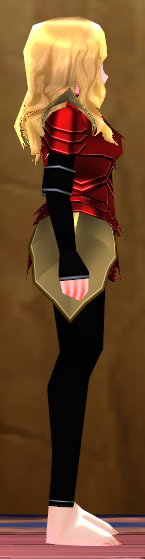 Equipped Female Dustin Silver Knight Armor (Gold and Red) viewed from the side
