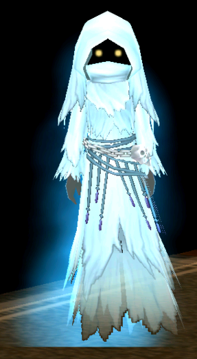 Equipped Female Ghostly Robe viewed from the front with the hood up