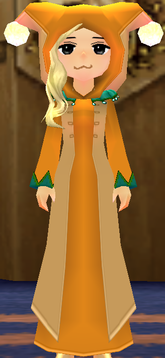 Equipped Female Jester Robe viewed from the front with the hood up