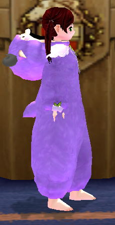 Equipped Female Rainbow Sheep Jumpsuit (Purple) viewed from the side with the hood down
