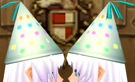 Equipped Pointy Party Hat viewed from the side