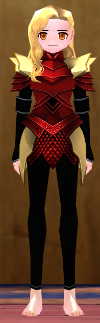 Equipped Female Dustin Silver Knight Armor (Gold and Red) viewed from the front