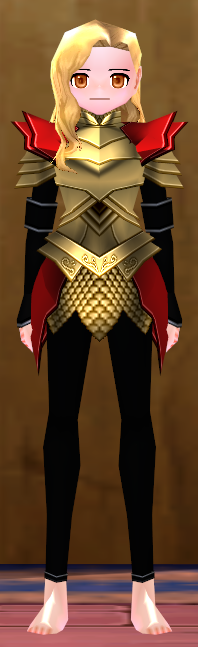 Equipped Female Dustin Silver Knight Armor (Red and Gold) viewed from the front