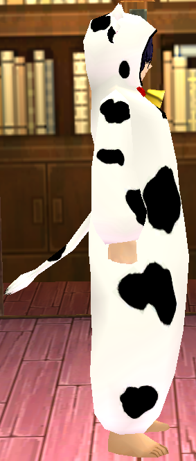 Equipped Giant Dairy Cow Costume viewed from the side with the hood up