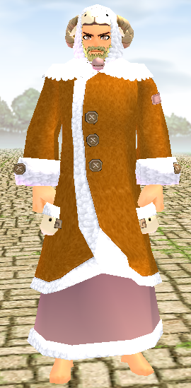 Equipped GiantMale Sheep Robe viewed from the front with the hood up