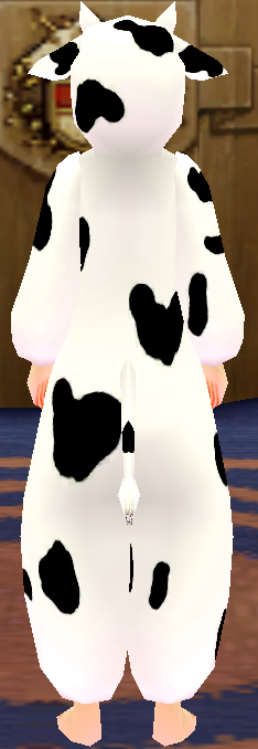 Equipped Dairy Cow Costume viewed from the back with the hood up