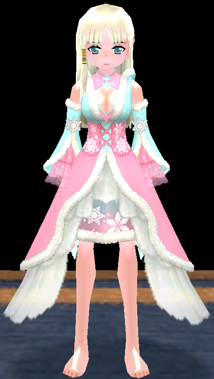Equipped Frostblossom Dress viewed from the front with the hood down