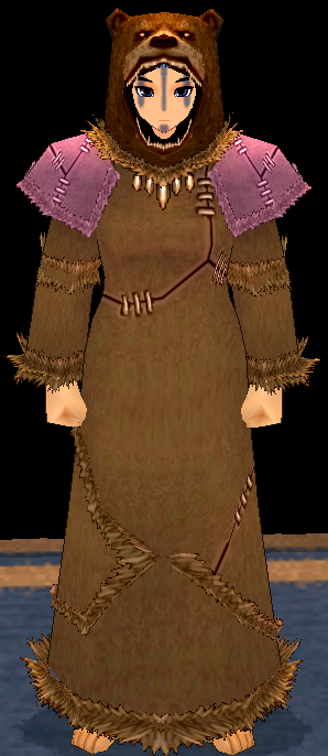 Equipped Female Giant Bear Robe viewed from the front with the hood up