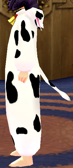 Equipped Dairy Cow Costume viewed from the side with the hood down