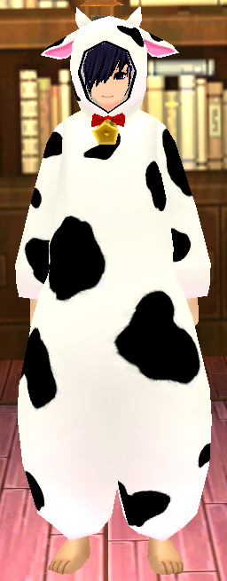 Equipped Giant Dairy Cow Costume viewed from the front with the hood up