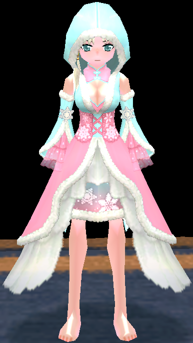 Equipped Frostblossom Dress viewed from the front with the hood up