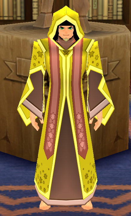 Equipped GiantMale Shooting Star Robe viewed from the front with the hood up