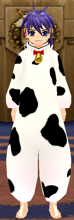 Equipped Dairy Cow Costume viewed from the front with the hood down