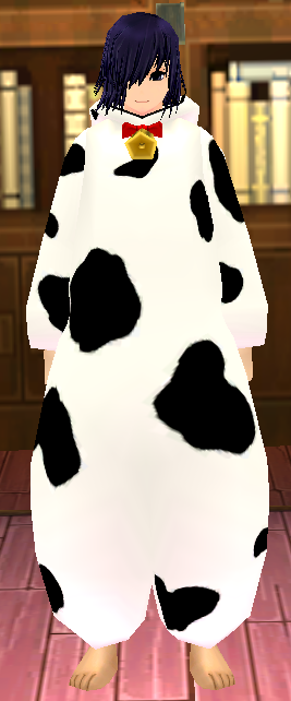 Equipped Giant Dairy Cow Costume viewed from the front with the hood down