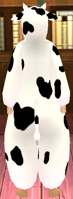 Equipped Giant Dairy Cow Costume viewed from the back with the hood up