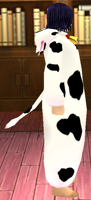 Equipped Giant Dairy Cow Costume viewed from the side with the hood down