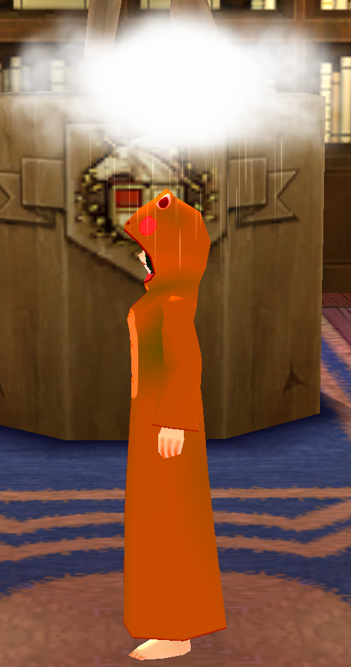 Equipped Female Frog Robe (Orange) viewed from the side with the hood up