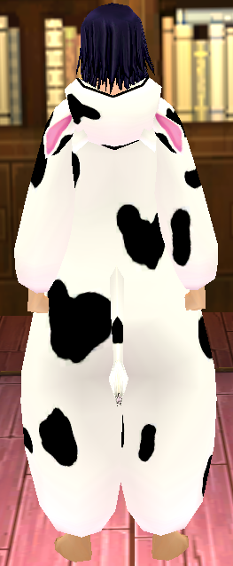 Equipped Giant Dairy Cow Costume viewed from the back with the hood down