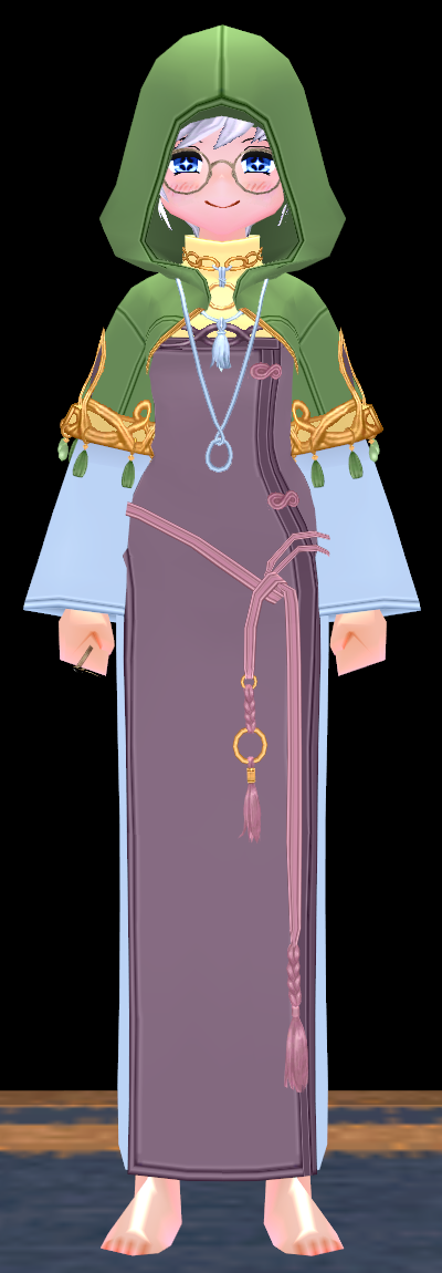 Equipped Female Celtic Traveler's Robe viewed from the front with the hood up