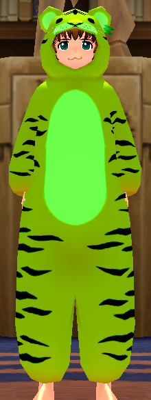 Equipped Tiger Robe (Green) viewed from the front with the hood up
