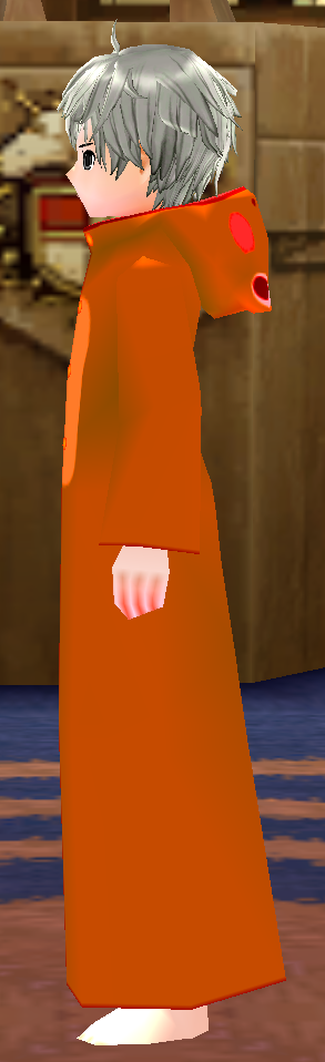 Equipped Male Frog Robe (Orange) viewed from the side with the hood down