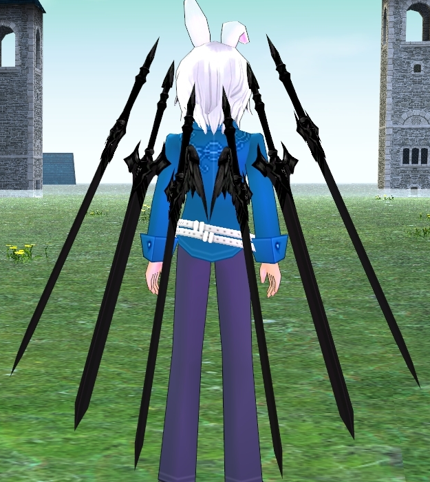 Equipped Infinite Saint Guardian's Spread Sword Wings viewed from the back