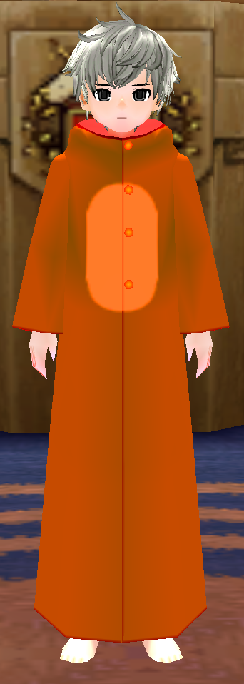 Equipped Male Frog Robe (Orange) viewed from the front with the hood down