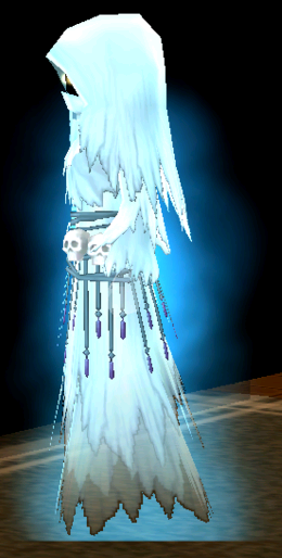 Equipped Female Ghostly Robe viewed from the side with the hood up